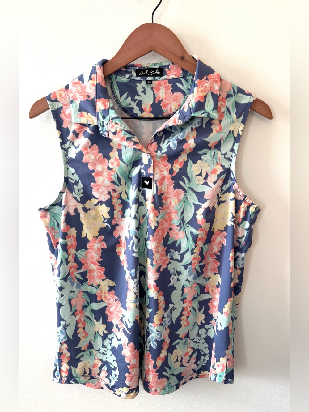 Bad Birdie Women’s XL Floral Sleeveless Golf Polo Navy Pink Tropical Performance